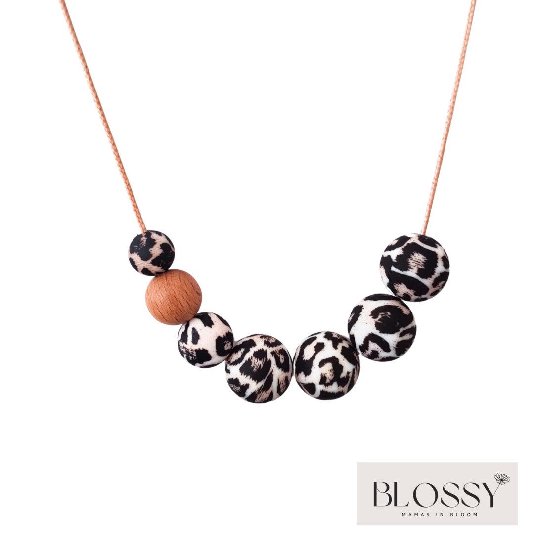 blossy Wild Leopard Necklace on white background showing silicone beads for chewing.